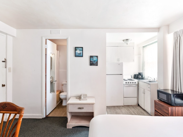 A small, brightly lit studio with a bed, kitchenette, bathroom, and wooden furniture. The decor is minimal and functional.