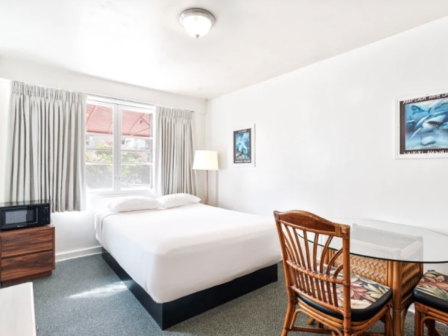 A simple hotel room with a queen bed, two nightstands, a small desk and chair, a window with curtains, a ceiling light, and wall art. End.