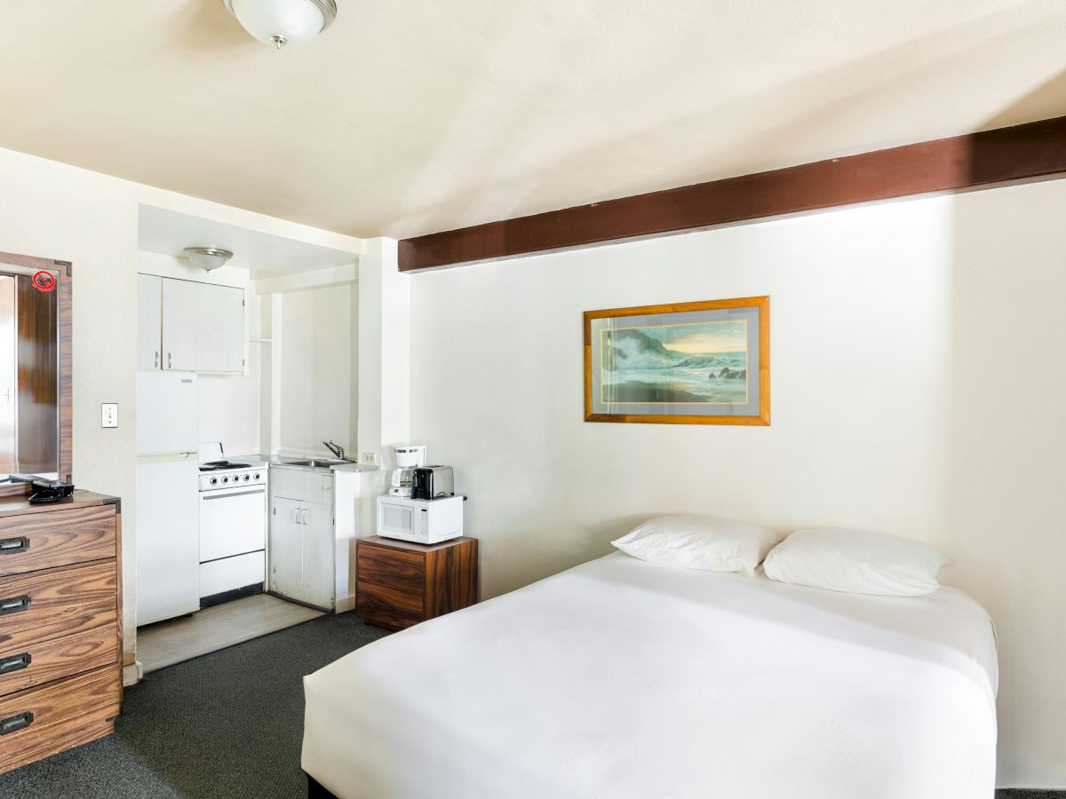 Hotel room scene with a double bed, kitchenette (stove, sink, microwave), coffee maker, dresser, and seascape painting.